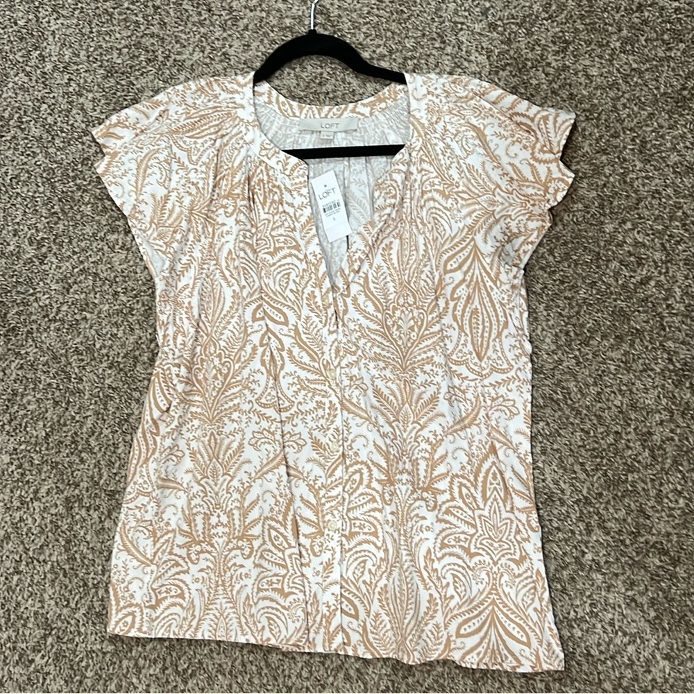 Loft Flutter Sleeve Blouse - Beige & White - Size Small